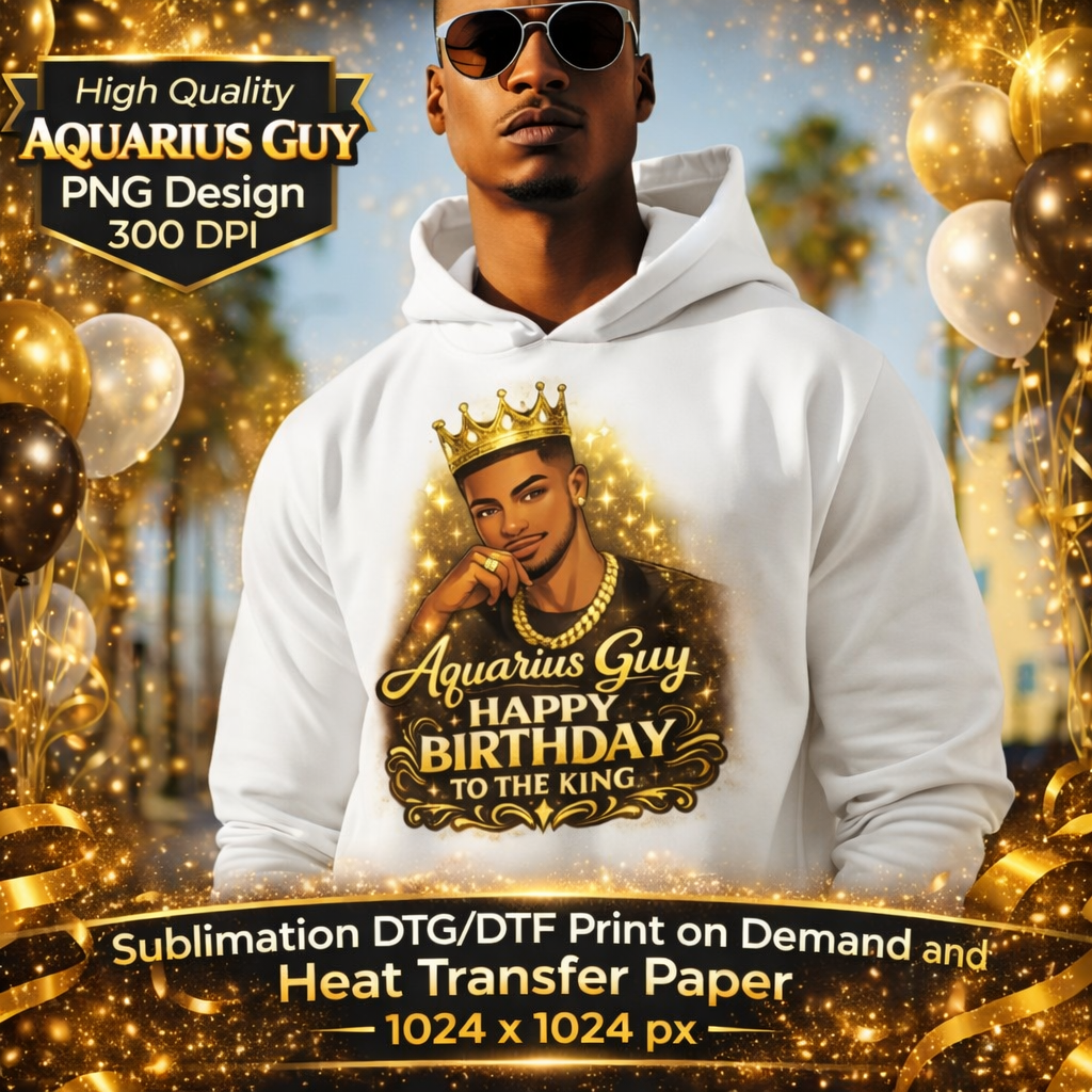 Aquarius Guy Birthday PNG Zodiac King Design Sublimation Party Shirt Printable Instant Download