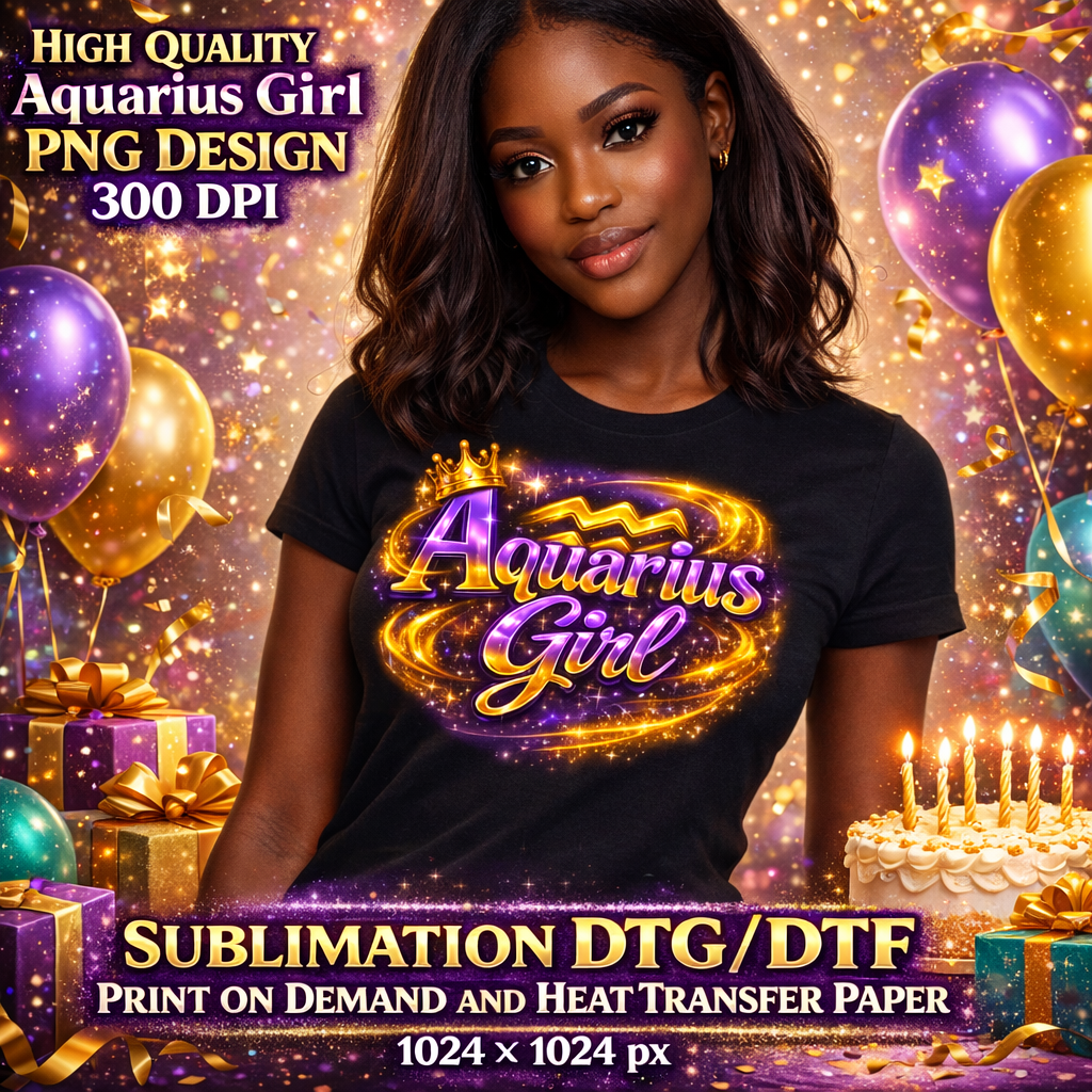 Aquarius Girl Birthday PNG Zodiac Queen Design Sublimation Party Shirt Printable Instant Download