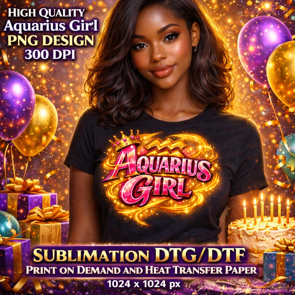 Aquarius Girl Birthday PNG Zodiac Queen Design Sublimation Party Shirt Printable Instant Download