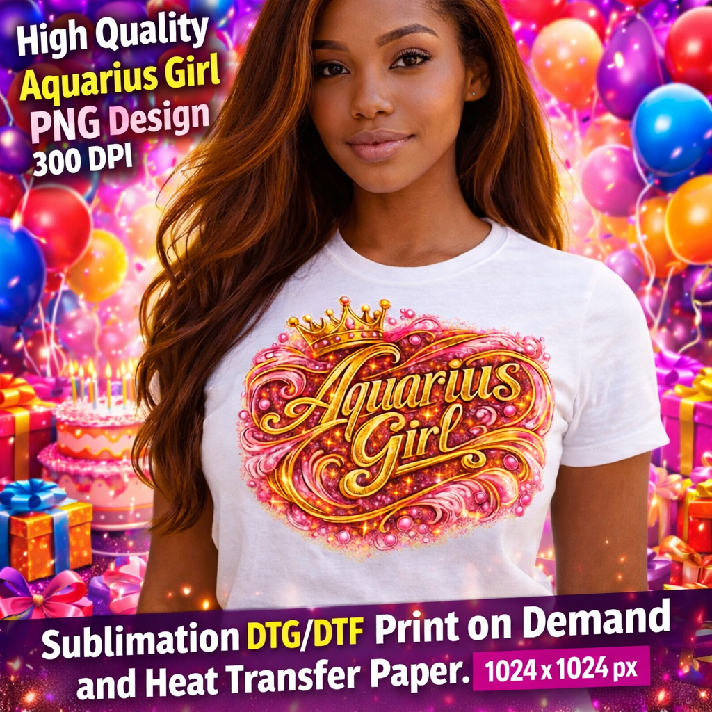 Aquarius Girl Birthday PNG Zodiac Queen Design Sublimation Party Shirt Printable Instant Download