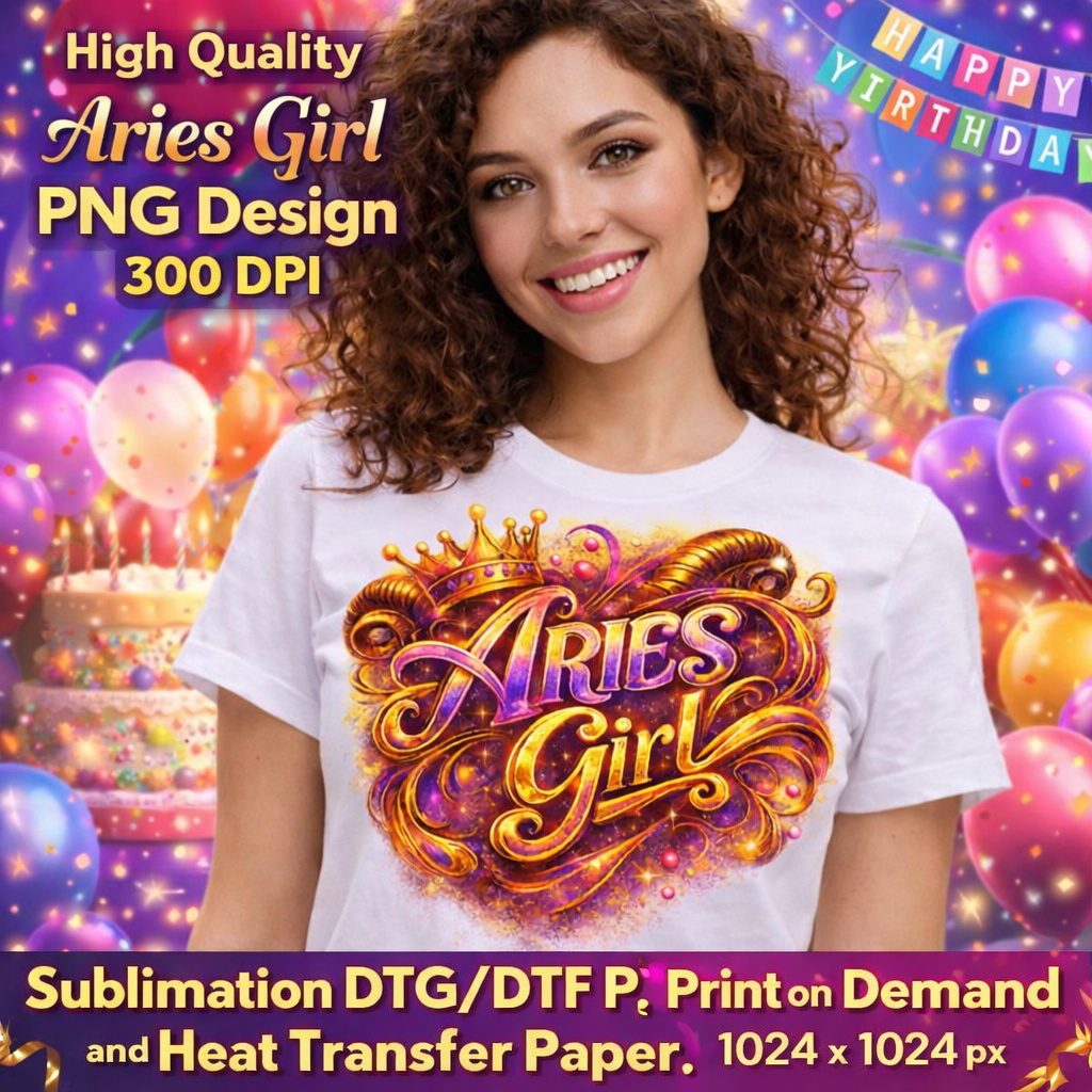Aries Girl Birthday PNG Zodiac Queen Design Sublimation Party Shirt Printable Instant Download