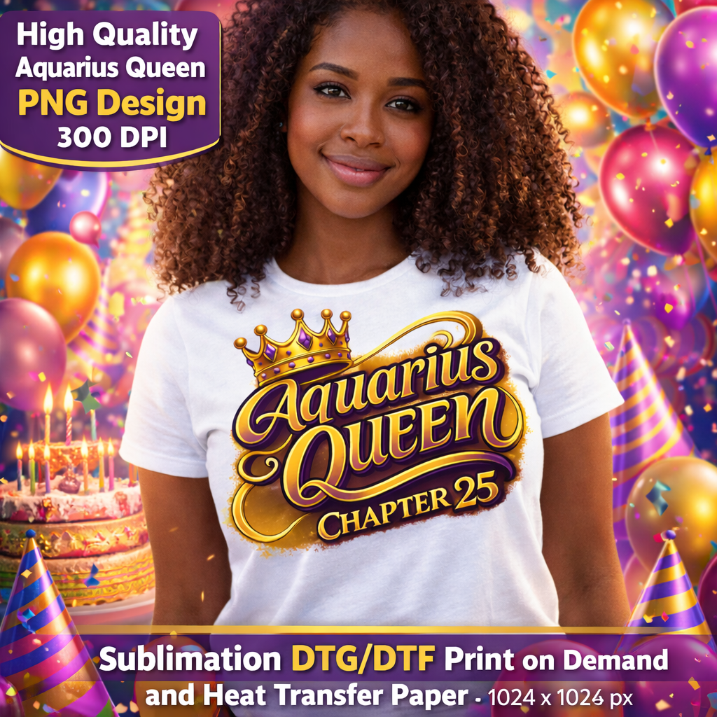 Aquarius Queen Birthday PNG Zodiac Royalty Design Sublimation Party Shirt Printable Instant Download
