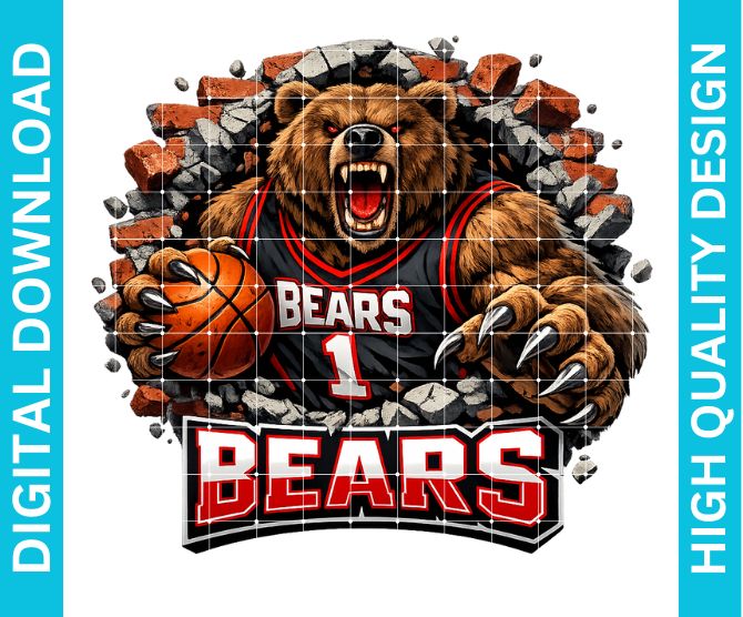 Fierce Bears Basketball Mascot PNG, School Spirit Sublimation Graphic, Game Day Shirt Design