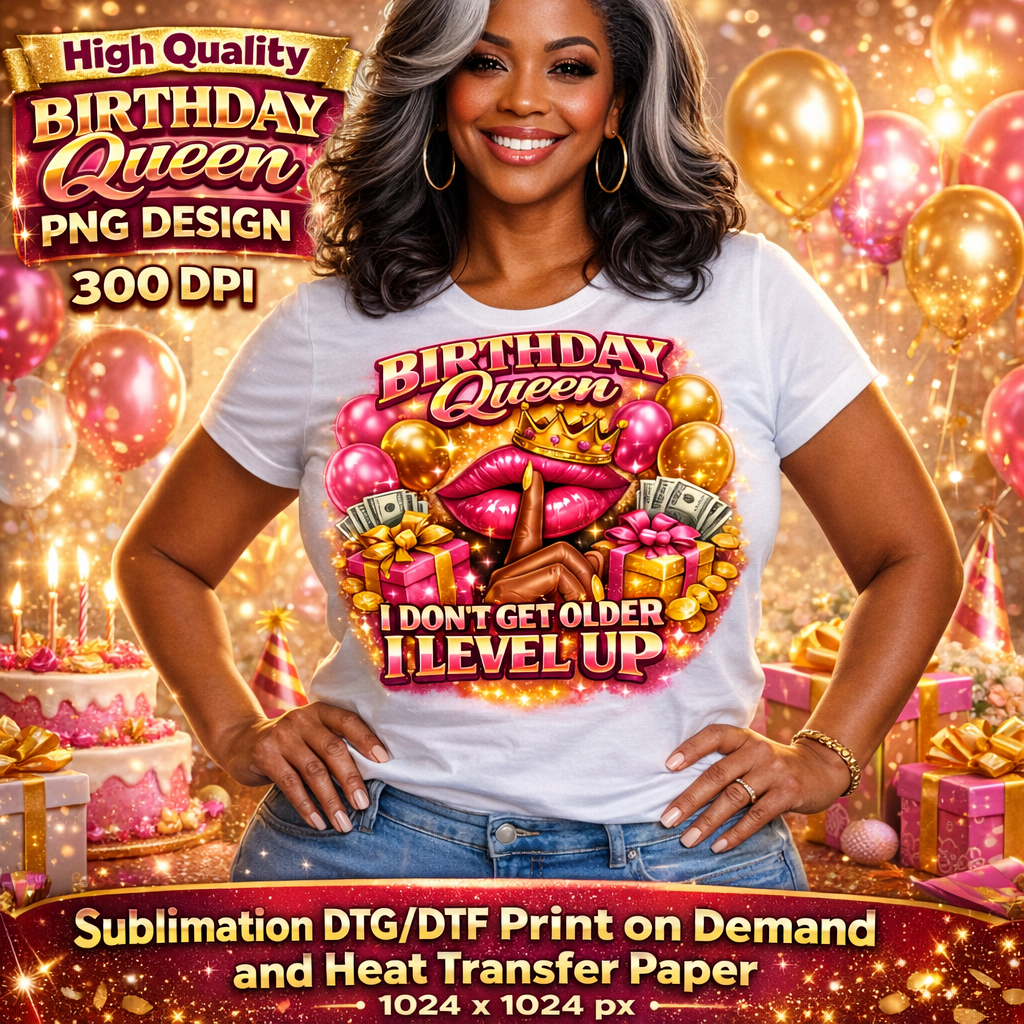 Birthday Queen Level Up PNG, Glam Lips Crown Graphic for Shirts, Sublimation Design