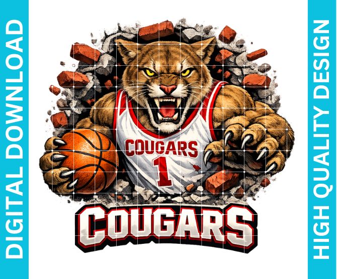 Cougars Basketball Mascot PNG, School Spirit Sublimation Graphic, Game Day Shirt Design