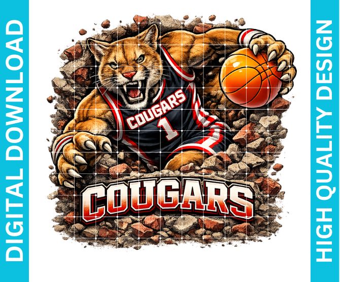 Cougars Basketball Mascot PNG, School Spirit Sublimation Graphic, Game Day Shirt Design