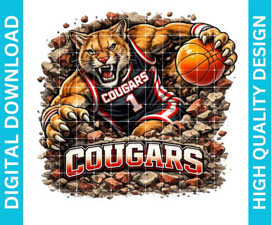 Cougars Basketball Mascot PNG, School Spirit Sublimation Graphic, Game Day Shirt Design