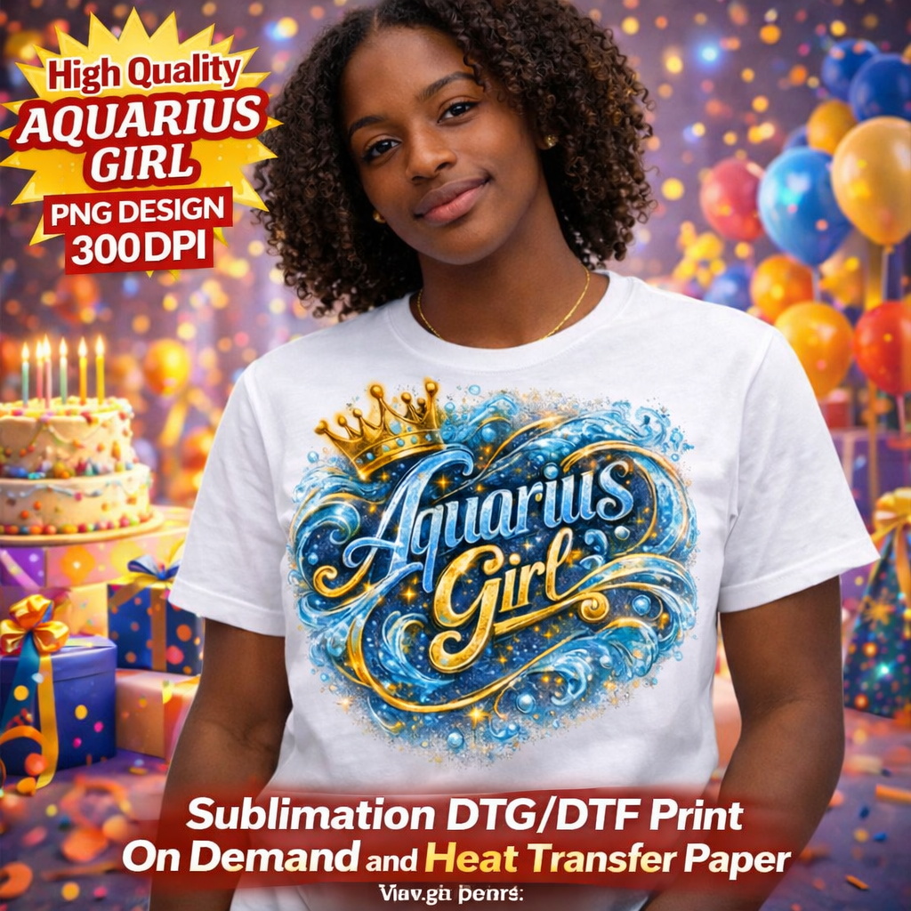 Aquarius Girl Birthday PNG Zodiac Queen Design Sublimation Party Shirt Printable Instant Download
