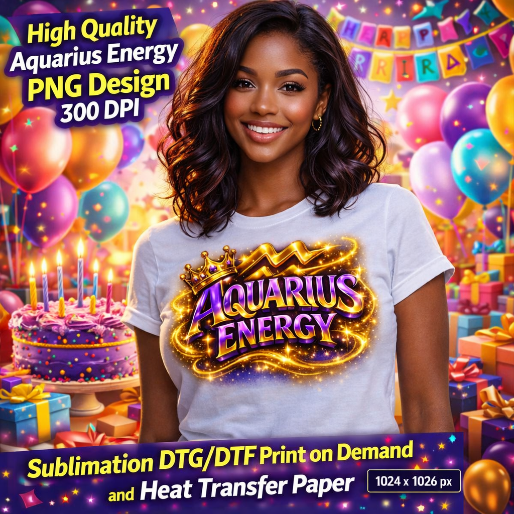 Aquarius Energy Birthday PNG Zodiac Queen Design Sublimation Party Shirt Printable Instant Download