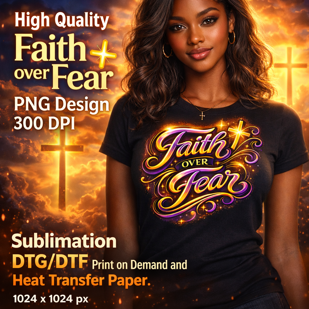 Faith Over Fear PNG Christian Cross Design Religious Sublimation DTF DTG Printable Instant Download
