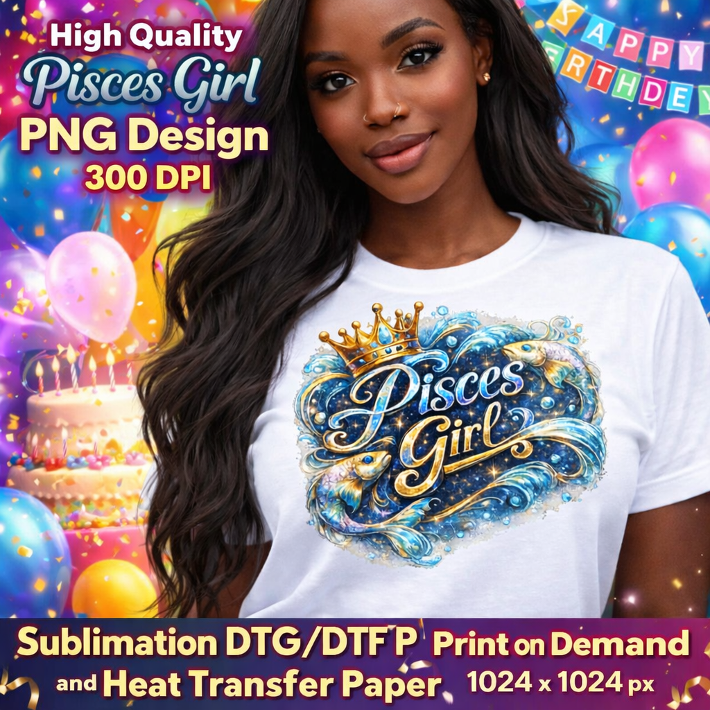 Pisces Girl Birthday PNG Zodiac Queen Design Sublimation Party Shirt Printable Instant Download