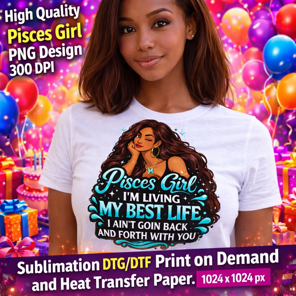Pisces Girl Birthday PNG Zodiac Queen Design Sublimation Party Shirt Printable Instant Download