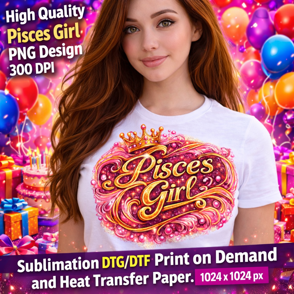 Pisces Girl Birthday PNG Zodiac Queen Design Sublimation Party Shirt Printable Instant Download