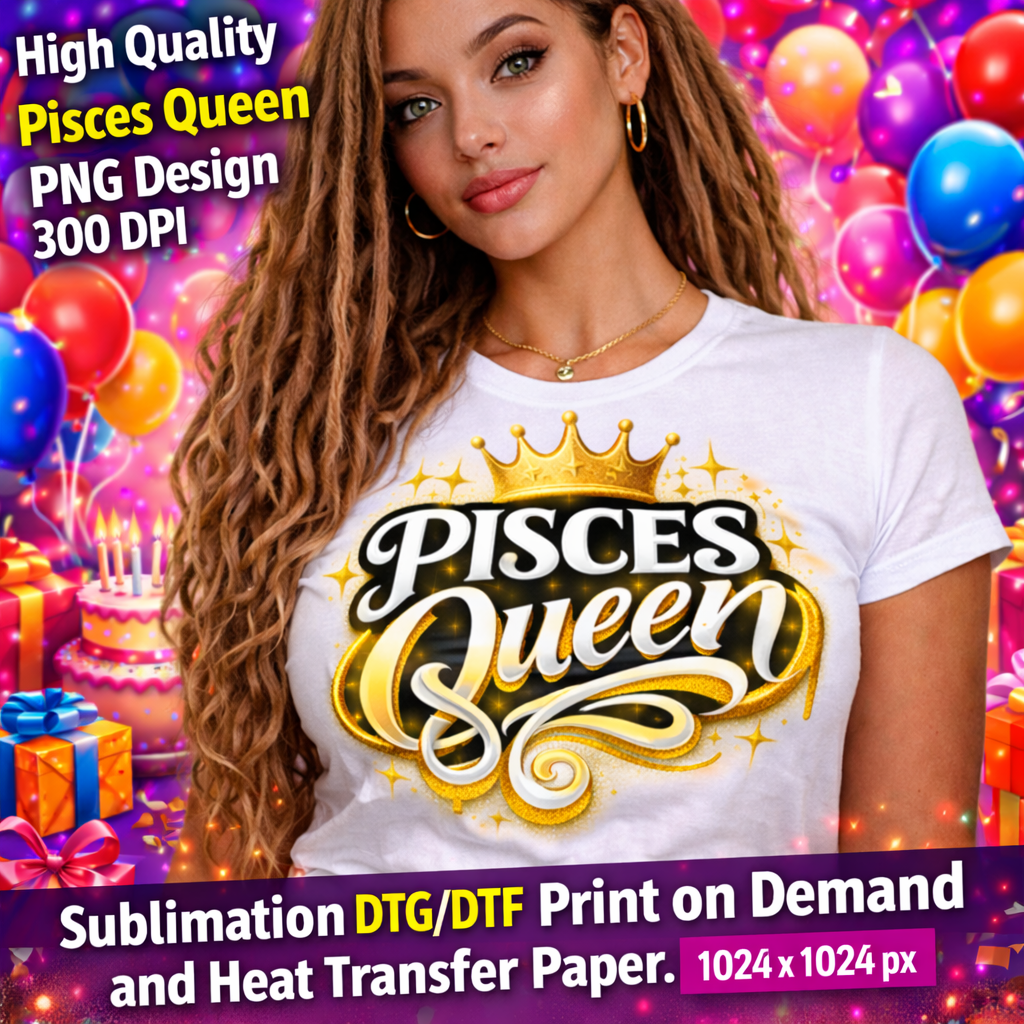Pisces Queen Birthday PNG Zodiac Girl Design Sublimation Party Shirt Printable Instant Download