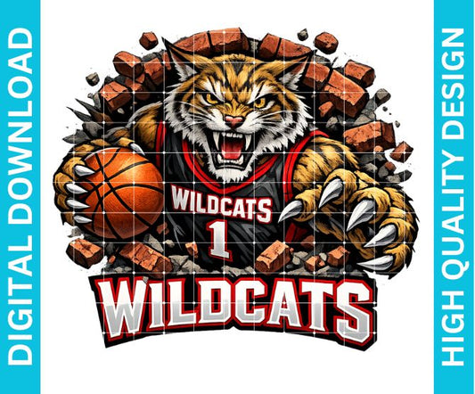 Wildcats Basketball Mascot PNG, School Spirit Sublimation Graphic, Game Day Shirt Design